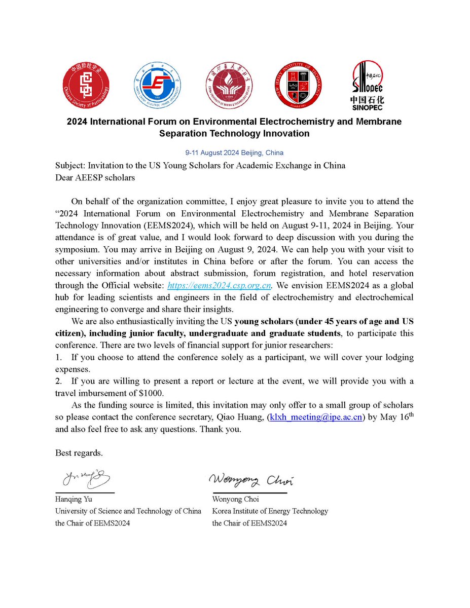 Please join us @“2024 International Forum on Environmental Electrochemistry and Membrane Separation Technology Innovation (EEMS2024) on August 9-11, 2024 in Beijing (lnkd.in/euW5qhqn). Limited travel support for junior researchers is available and apply asap!