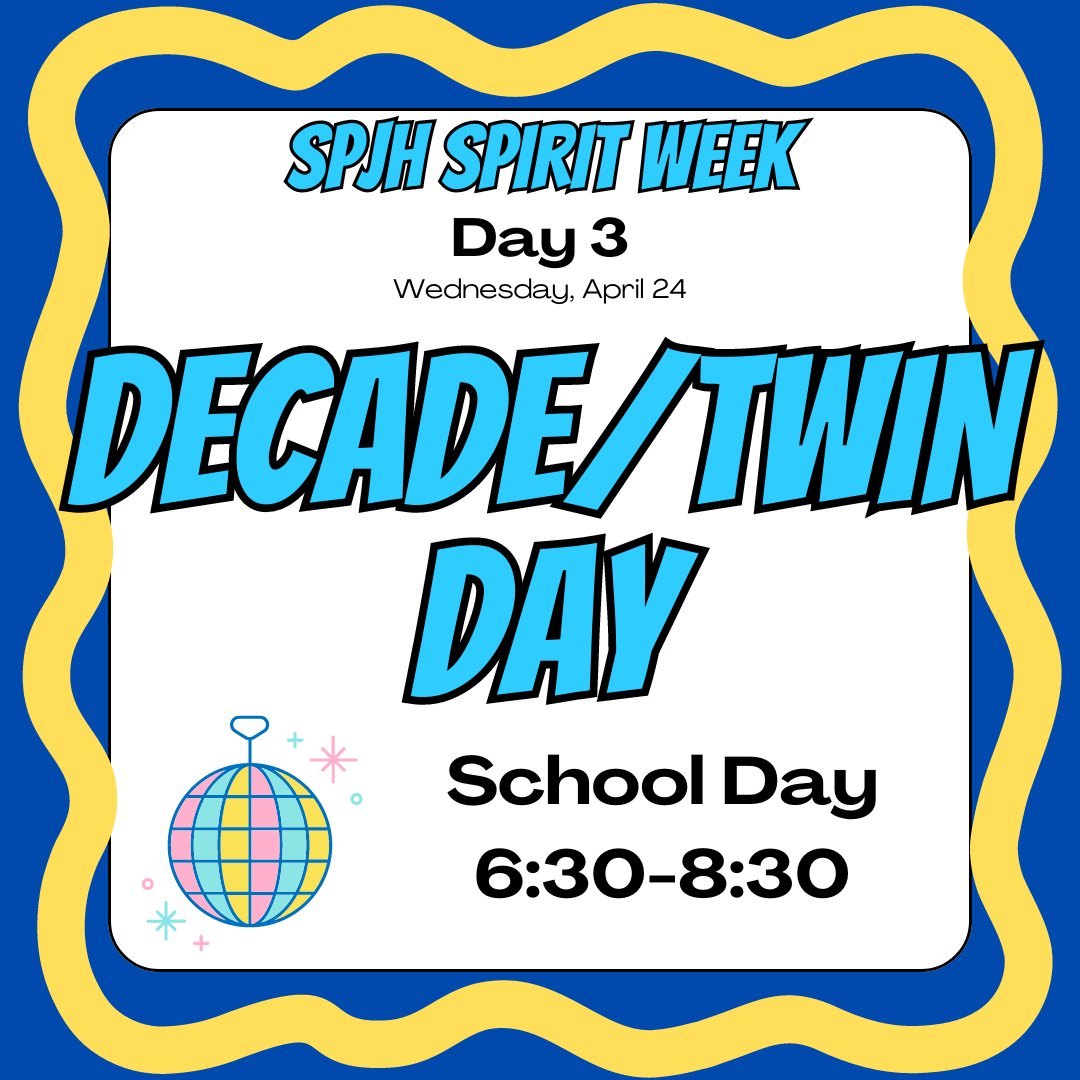 ✨ Step back in time for Day 3 of SPJH Spirit Week: 'Decade/Twin Day' tomorrow! ✨ Dress up in your favorite decade's fashion or twin with someone for double the fun! Plus, don't miss out on the school dance from 6:30-8:30 🕺💃🪩