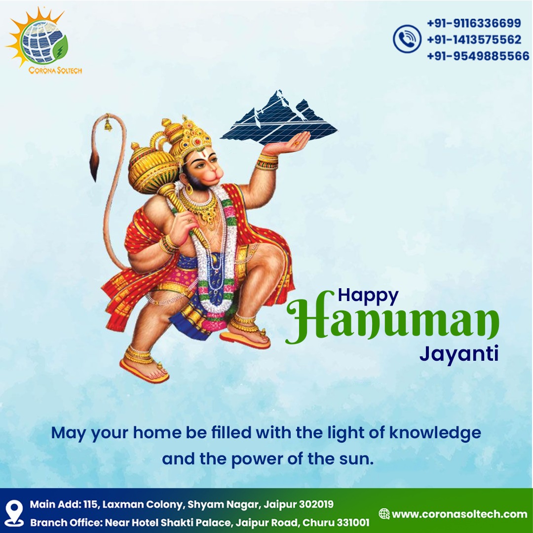 On this auspicious occasion of Hanuman Jayanti, Corona Soltech wishes you strength, courage, and unwavering devotion like Hanuman himself. May his blessings illuminate your path to a brighter future. #CoronaSoltech #HanumanJayanti #solarenergy #cleanenergy #sustainablefuture