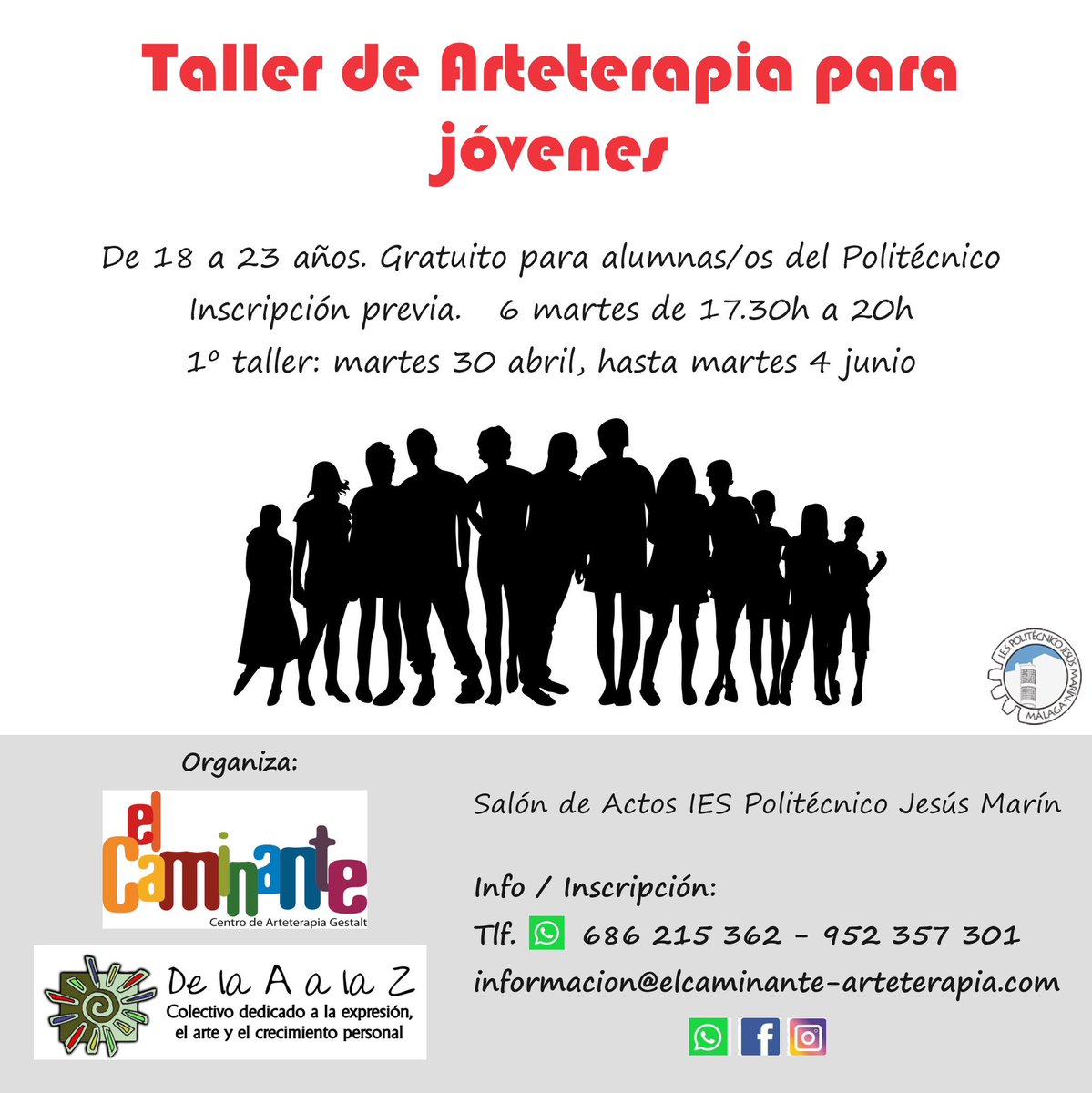 🎭 ARTETERAPIA | El Caminante, centro de Arteterapia de Andalucía, oferta un taller gratuito en nuestro #PolitecnicoMalaga para nuestro alumnado, ¿te lo vas a perder?

#EquipoPolitecnico