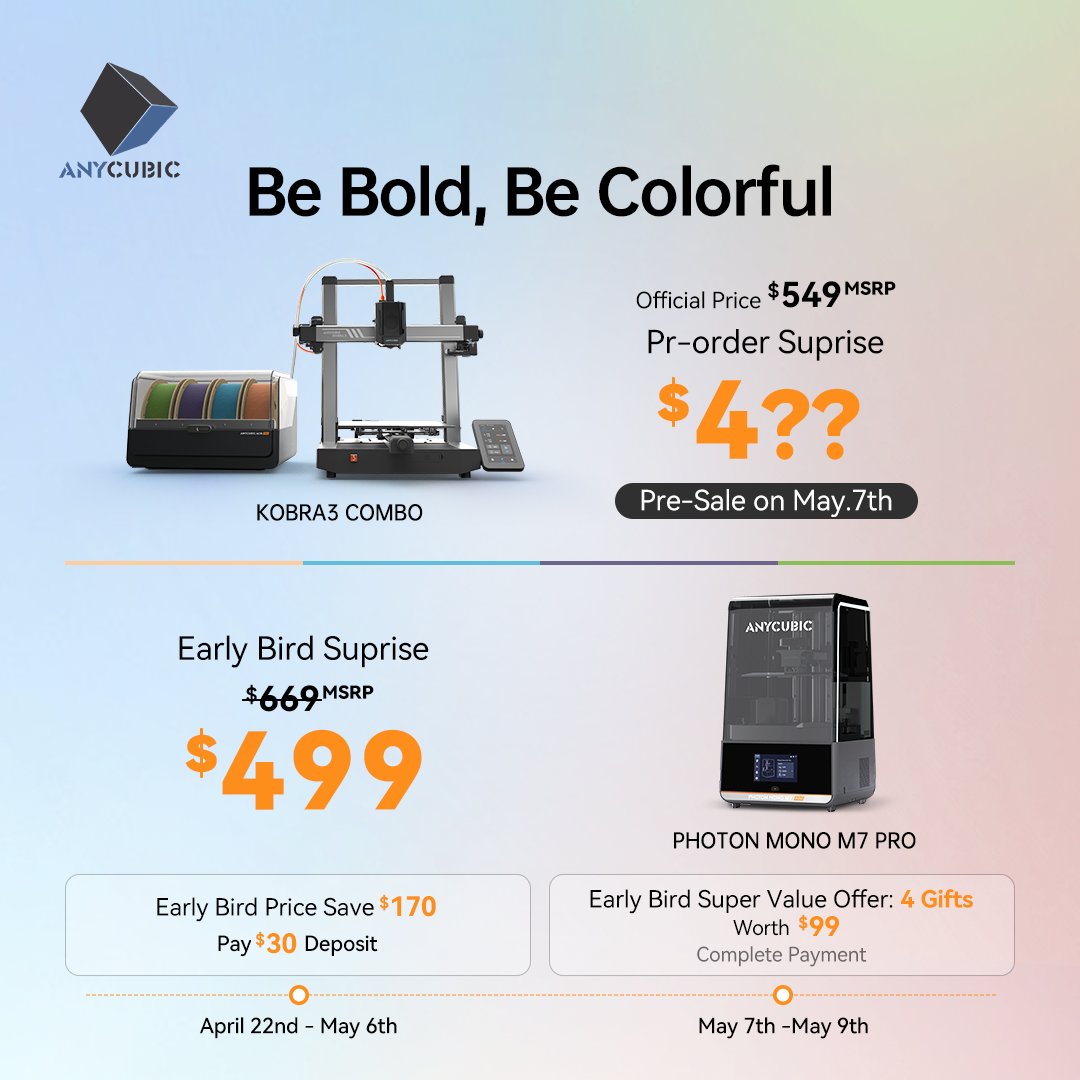 Anycubic Kobra 3 Combo Pre-sale starts May 7 with an amazing offer. Can you guess the price? Check our last tweet for a chance to win!  Hint: $4?? Subscribe for a chance to win a FREE Kobra 3 Combo! bit.ly/49DJlcg
Photon Mono M7 Pro Early bird：bit.ly/4b7LmPl