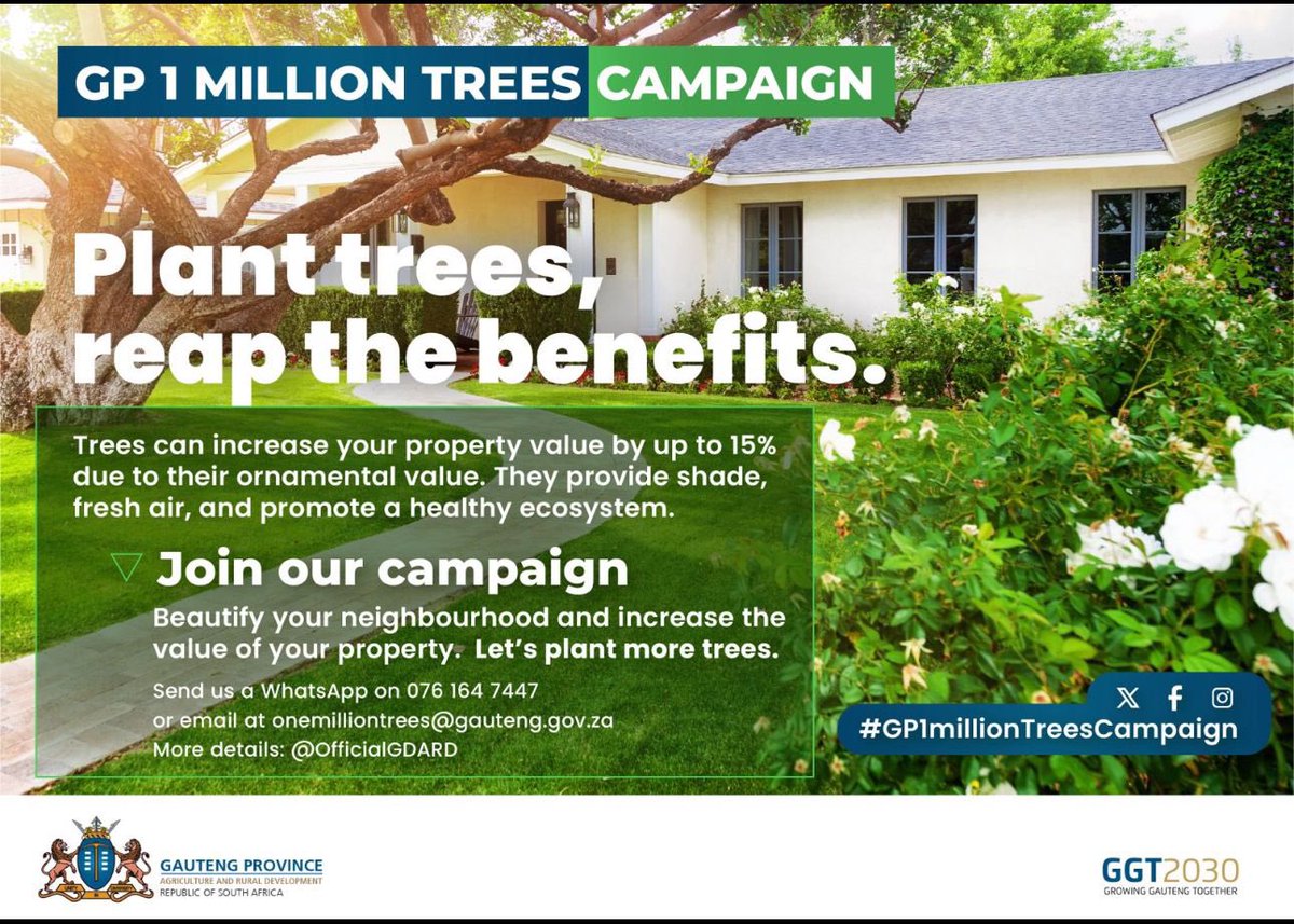 Trees can increase your property value up to 15% due to their ornamental value.They provide shade, fresh air,promote healthy ecosystem. Beautify your neighbourhood increase the value of your property. Let's plant more trees. #GrowingGautengTogether #GP1MillionTrees