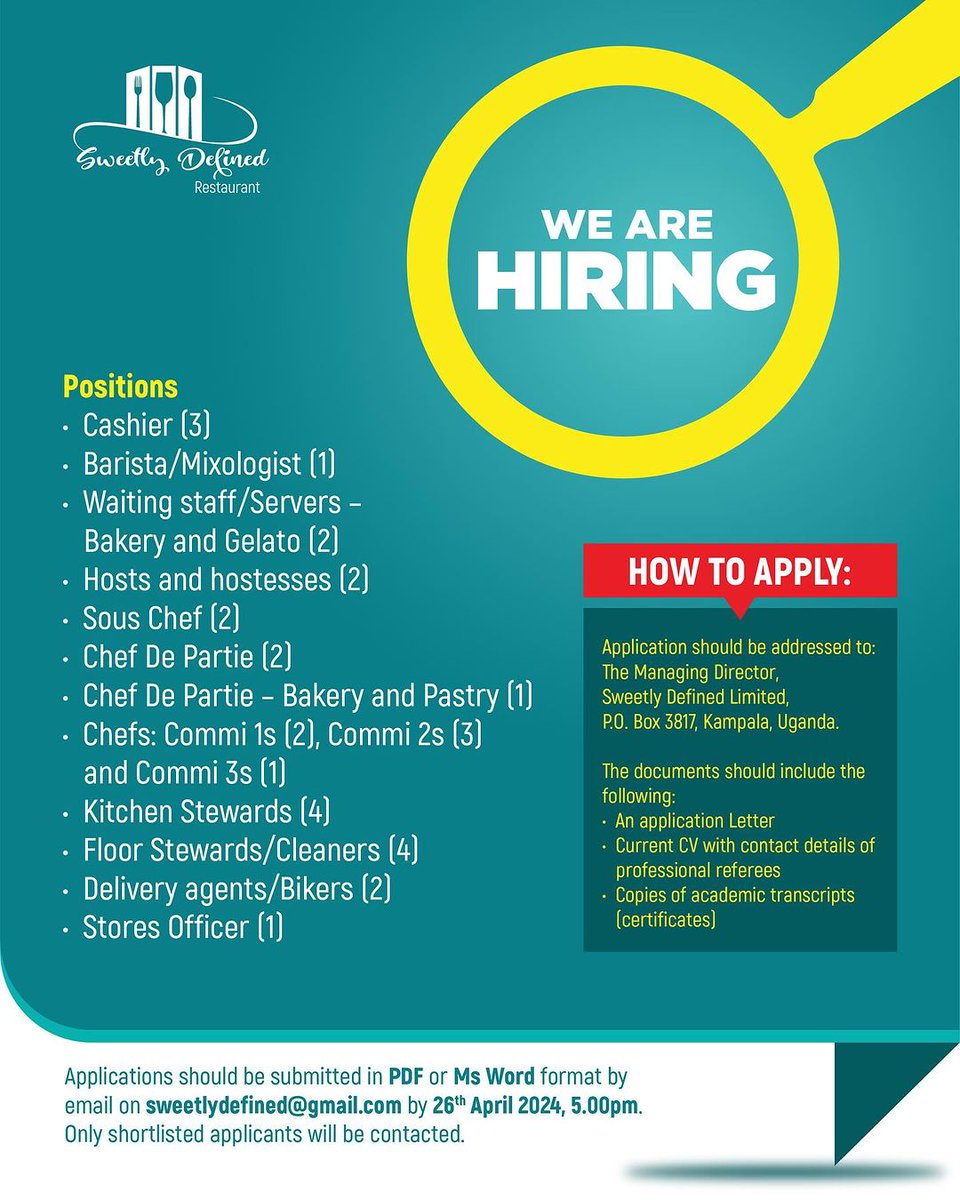 JobclinicUg's tweet photo. Several job opportunities are available @defined_sweetly. 
Apply or reshare, and tell a friend to tell a friend. 

#jobclinicug #jobs #hiring #ApplyNow #HappeningNow #Buddo #careers #jobsinuganda https://t.co/sEJp15EweL