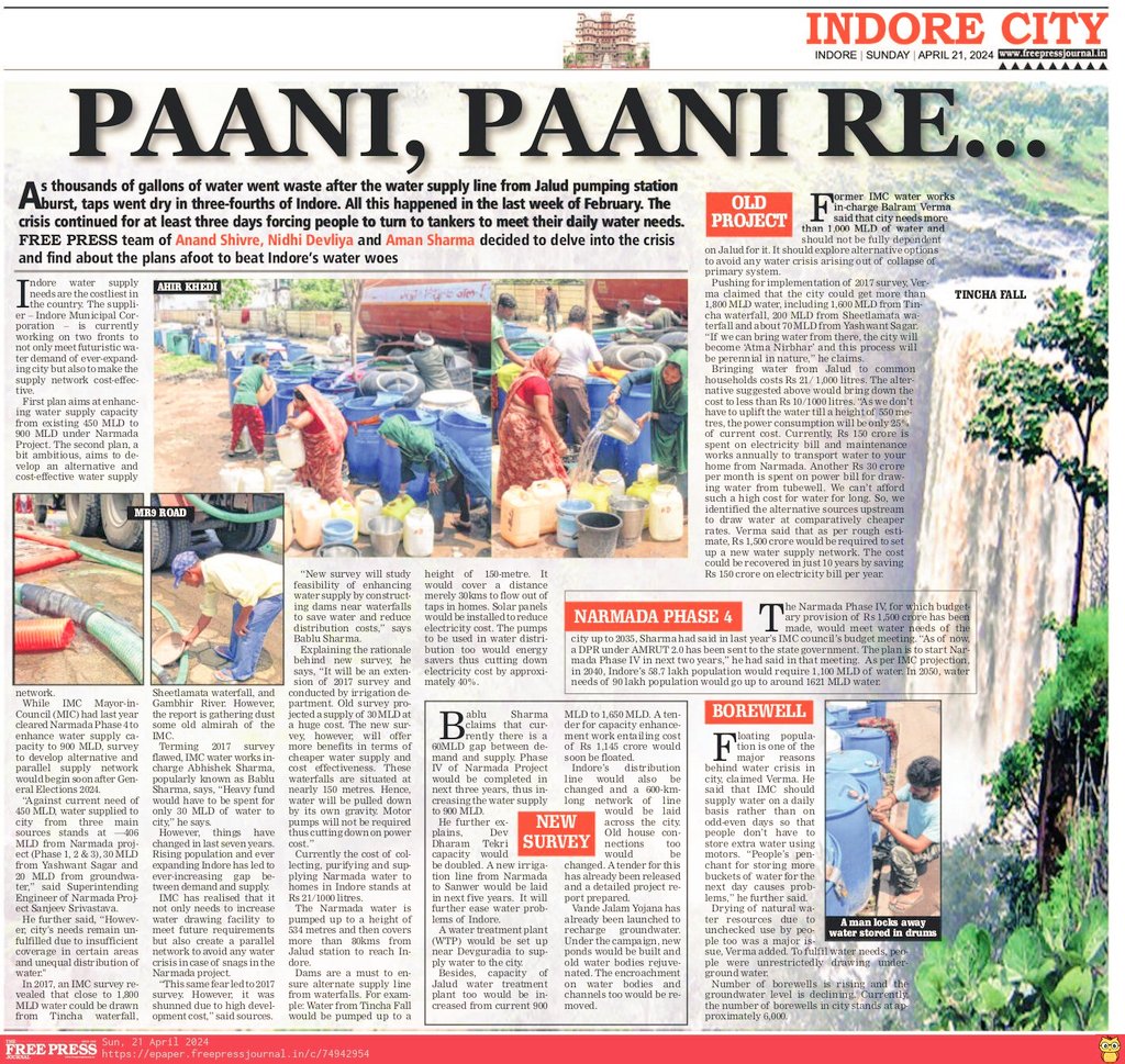 I wrote a story about the water crisis in Indore, highlighting having the costliest water supply in the country. The story delves into the various plans afoot to beat Indore's water woes. @fpjindia
Read my story: freepressjournal.in/indore/indores…
#watercrisis #indore #IMC #Narmada