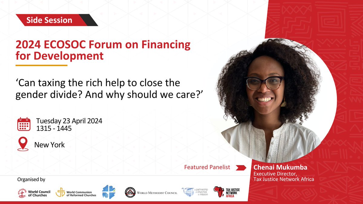 📢 TJNA Executive Director @chenaimukumba will be a panelist at #FfD4 during a session themed ‘Can taxing the rich help to close the gender divide? And why should we care?’ organised by the New International Financial and Economic Architecture, @lutheranworld, @WMCouncil, and