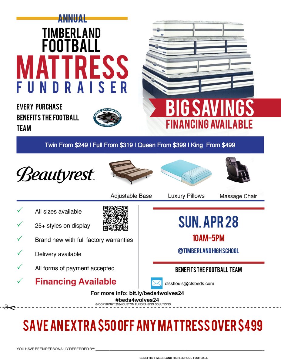 Join us & the @FootballTHS for their Annual #MattressFundraiser THIS Sunday, April 28th (10am-5pm) at @Timberland_High. Here R details to RT/share with friends! #beds4wolves24 Please RT!