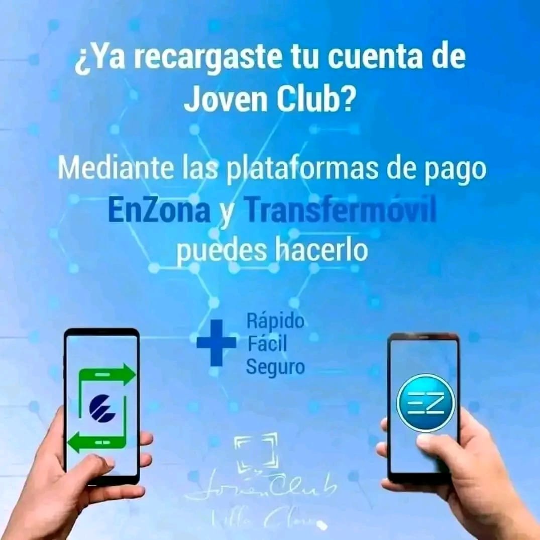 Recarga tu cuenta de #JovenClub mediante las plataformas de pago Transfermóvil y EnZona.  #CàmbiateALoDigital #JuntosPorLaTransformacionDigital #SanctiSpíritusEnMarcha