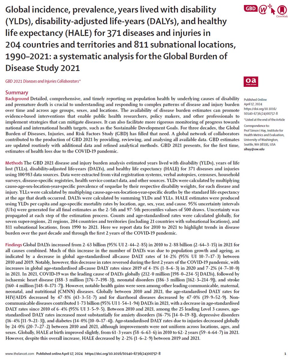 An important update from our GBD Collaborators in the #Lancet.  At the global level, we found that the burden of diseases and injuries shifted in 2021 compared with previous years, with #COVIDー19 imposing additional health loss as the leading cause of burden in 2021.