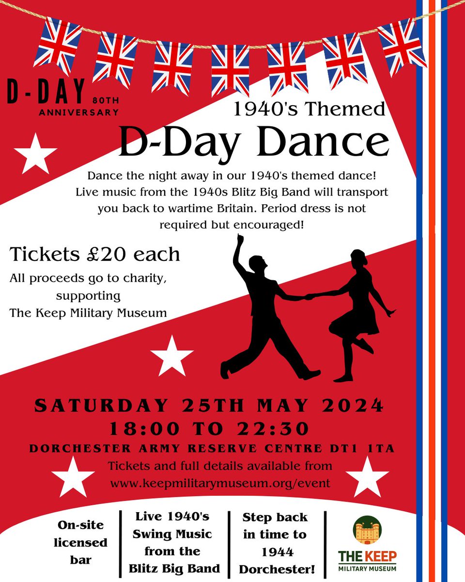 We are delighted to announce we will be hosting a 1940s themed dance as part of our D-Day 80 programme. The ‘D-Day Dance’ will take place on the 25th May 2024. The evening will take you back in time to 1940s Dorchester with a live swing band, themed decoration and bar.