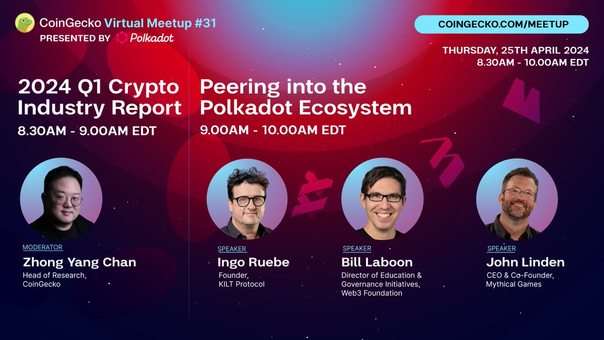 Our next meetup is only 1 day away! 💚 Join us as we’ll be presenting our 2024 Q1 Crypto Industry Report and discussing the latest developments in the Polkadot Ecosystem. 🗓 April 25, 2024 ⏰ 8:30 AM EDT Set a reminder ➡️ crowdcast.io/c/coingecko-me…