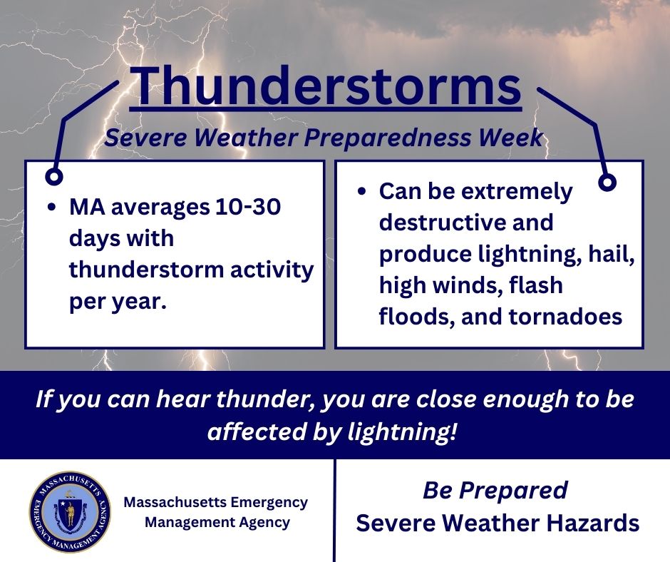 Today is the 1st day of #SevereWxPreparednessWeek. Together with @NWSBoston we will be sharing facts/tips about how you can stay safe, before, during and after #severeWx. Today’s tip focuses on thunderstorms which can produce different types of meteorological conditions. #ReadyMA