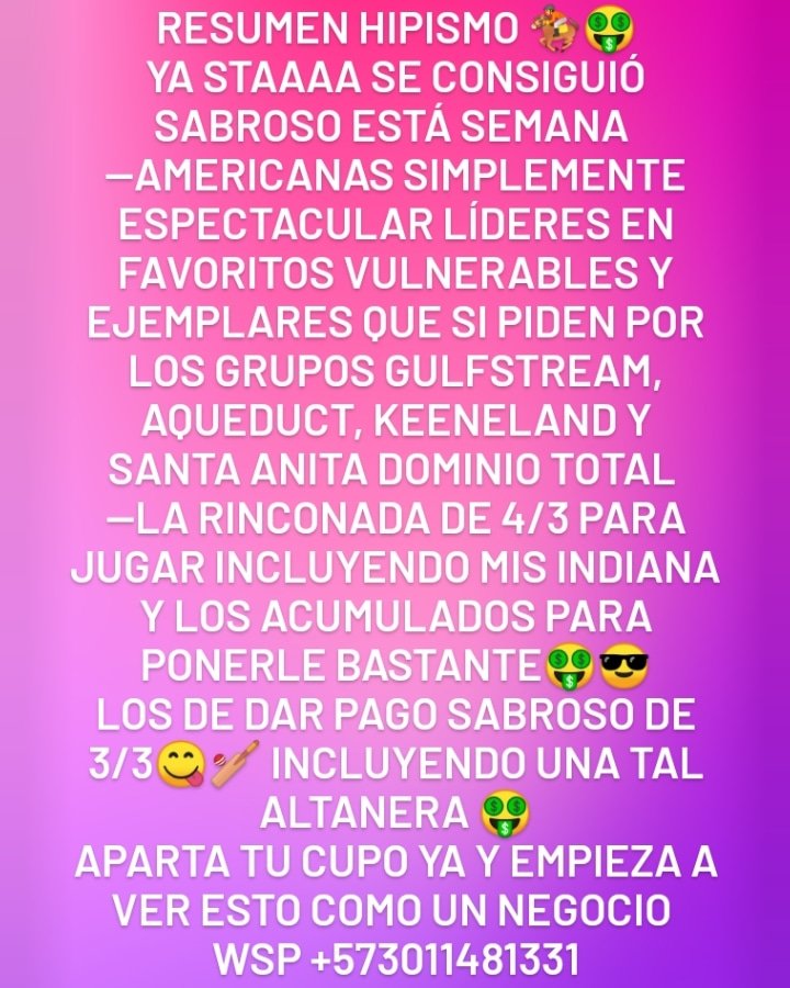 #Hipismo
#LaRinconada 
#GulfstreamPark 
#Aqueduct 
#Santaanitapark 
#keeneland 
#Americanas 
#winners 
#HorseRacing 
#apuestas
#apuestashipicas
Esta semana sigue la fiesta 🥳