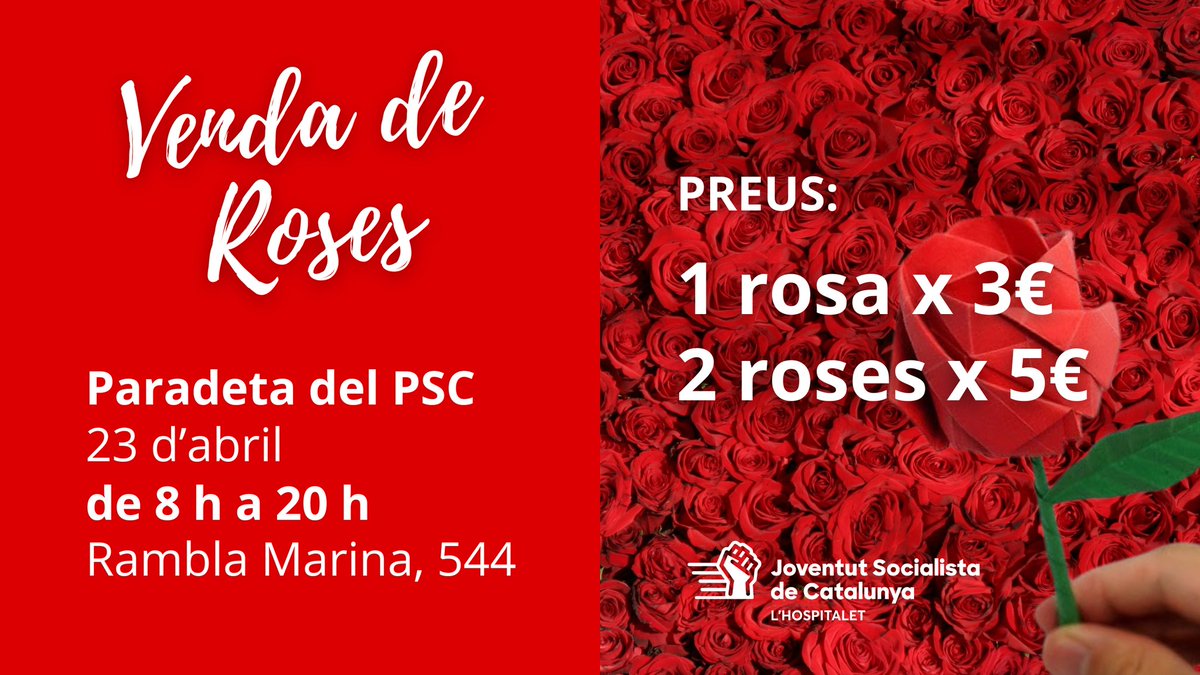JSCLH's tweet photo. 👉 Durant la Diada de #SantJordi tindrem la nostra tradicional paradeta de roses a #LHospitalet.
📍 Rambla Marina, 544
(Metro L1 Av. Carrilet)
⏰ De 8 h a 20 h
#SomLaVeuJoveLH #SentimLH #SantJordi2024 🌹🐉📖 https://t.co/2JCqIekyVW