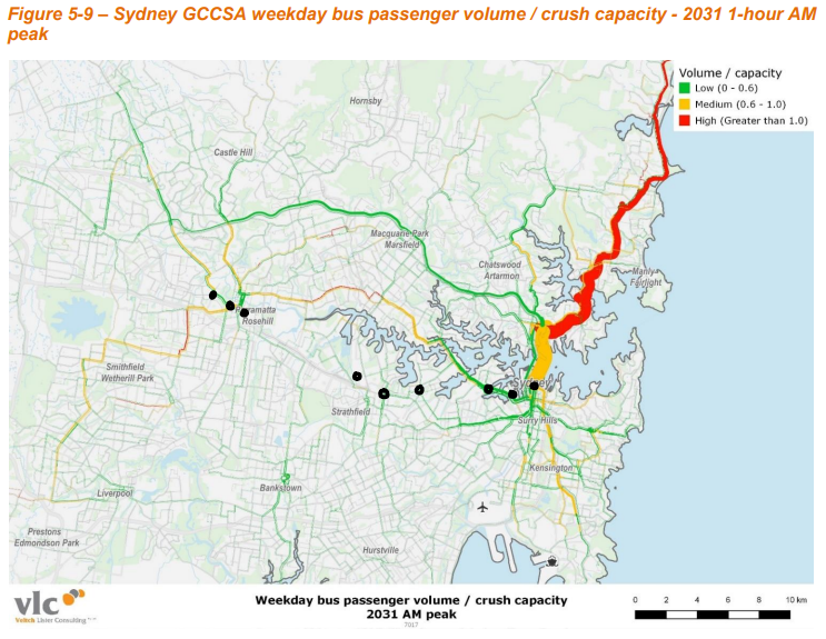 @JackTattTran @michaelcobbin The most recent (2019) Infrastructure Australia capacity modelling showing 2031 projections includes Metro Line 1 from Chatswood to Bankstown; and L2/L3 to Randwick/Kingsford; but WITHOUT Metro West.

I've drawn in the Metro West stations in black (incl Rosehill just incase)