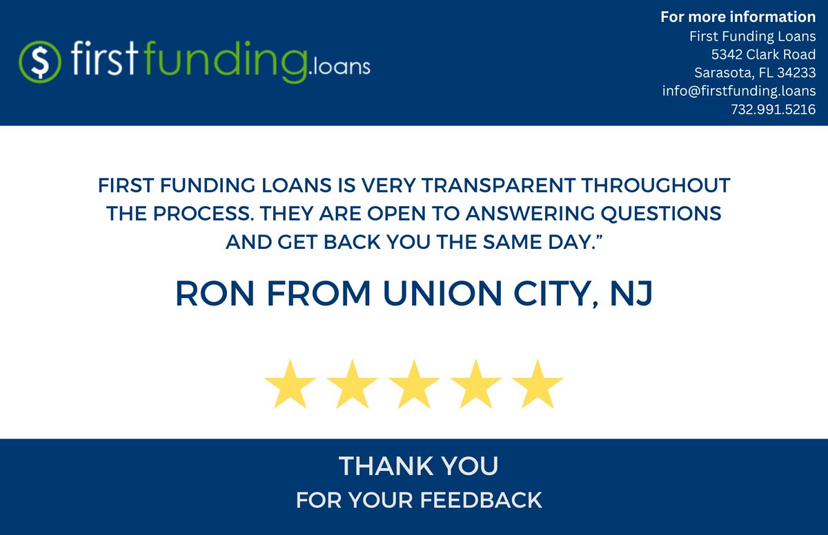 It is our pleasure to hear your valuable feedback!

Contact us for inquiries:
📷 info@firstfunding.loans
📷+1 732-991-5216
📷 firstfunding.loans

#firstfundingloans #hardmoneylender #realestateinvestment #fixandflip #fixandhold #cashoutrefinance #rentalloan