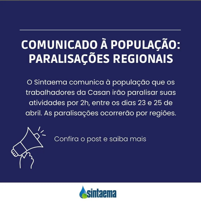 SintaemaSC's tweet photo. O Sintaema-SC comunica à população de Santa Catarina que os trabalhadores da Casan, irão paralisar por duas horas nos dias 23, 24  e 25 de abril.
Comunicado à população: paralisações regionais | SINTAEMA / SC https://t.co/DX1AsSf5F4