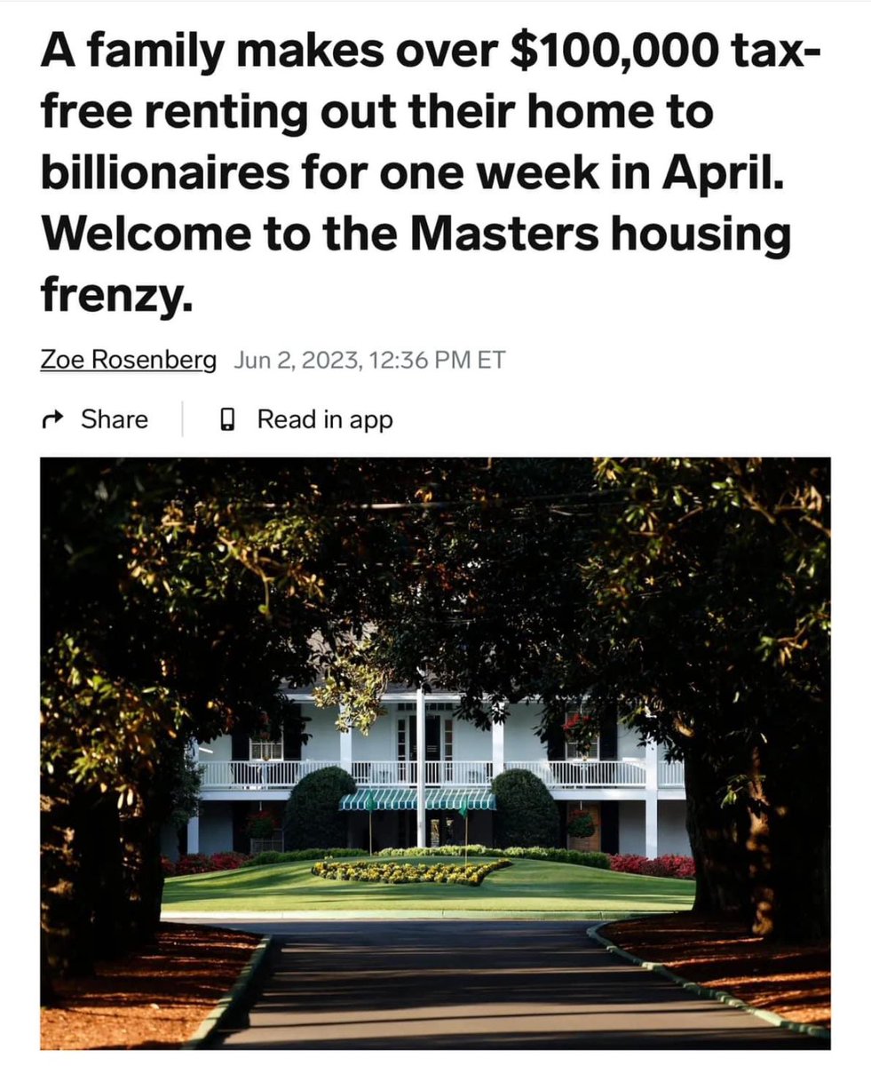 marlo29646's tweet photo. Wow. How many do you know capitalized off the Masters ⛳️ and it’s all tax free bc of the new rule. #masters #realestate #realtor #southcarolina #taxfree #augustarule #invest #investment https://t.co/Rsk6E00GSO