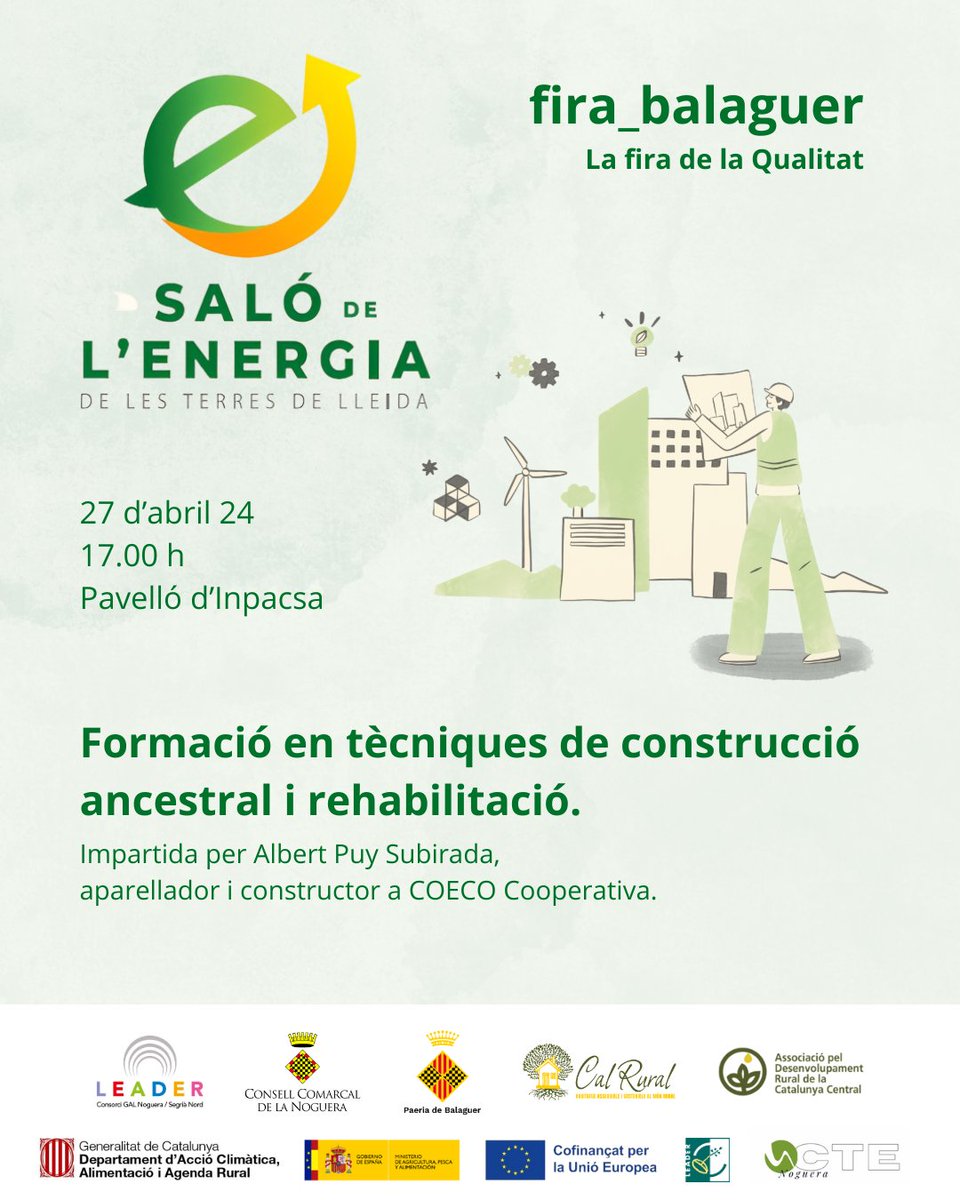 Formació en tècniques de construcció ancestral i rehabilitació🛖

📅 27 d’abril
🕙 17 h
📍 Pavelló d’Inpacsa 

En el marc de la FIRA Q, Fira de Qualitat de Balaguer i Saló de l'Energia.

No t’ho perdis!
#CalRural #NogueraSegriaNord #FiraQ #construcció #OCTENoguera