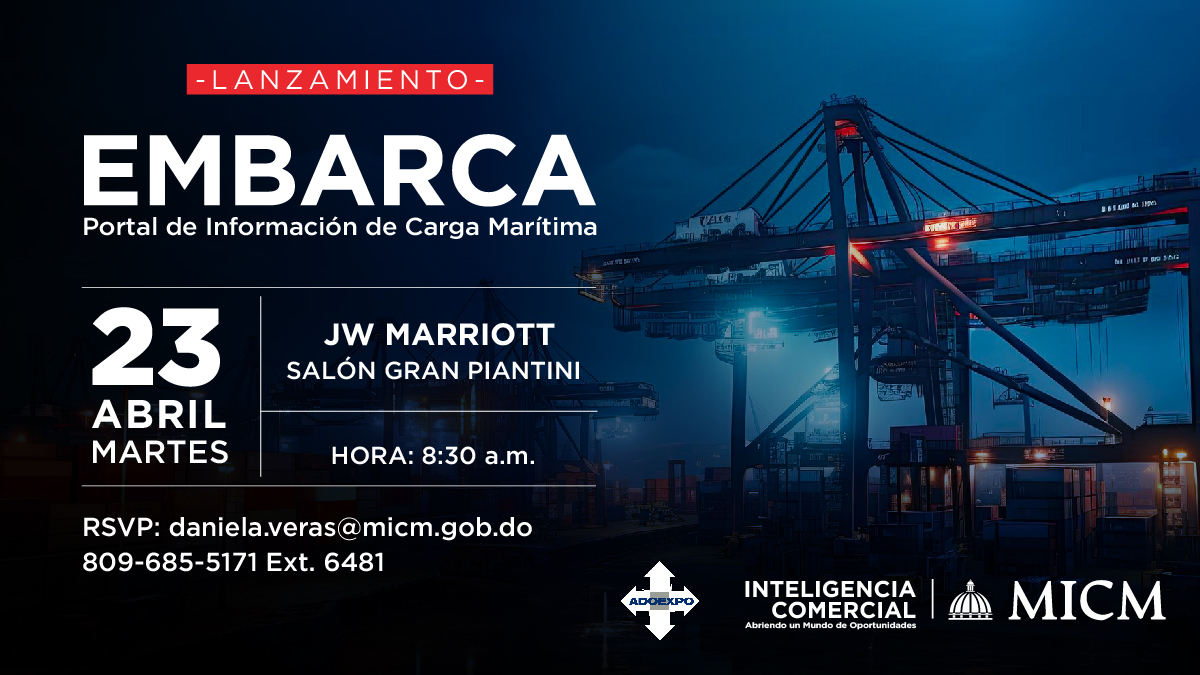 MIC_RD's tweet image. 🚢📊 ¡Navegando hacia la eficiencia con #Embarca!​
 ​
 📦Te invitamos al lanzamiento de nuestra plataforma de información sobre carga marítima.​
 ​
 🗓️Martes 23 de Abril del 2024 a las 8:30 a.m.​
 📌Salón Gran Piantini del Hotel JW Marriott.​
 ​
 Reserva tu cupo:​

📩…