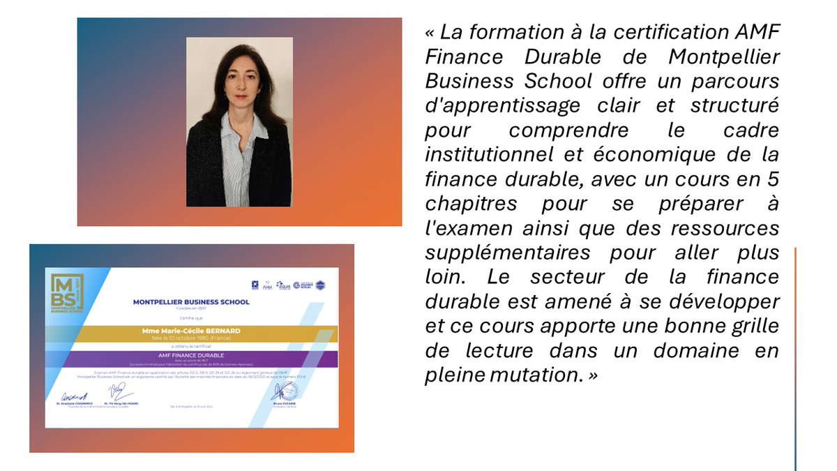 [Réussite – Certification AMF Finance Durable – Marie-Cécile BERNARD]
 
Nous  tenons à féliciter Madame Marie-Cécile Bernard pour sa réussite avec un  score exceptionnel de 96,7/100 à l’examen « AMF Finance Durable » de <a href="/Montpellierbs/">MontpellierBS</a>.