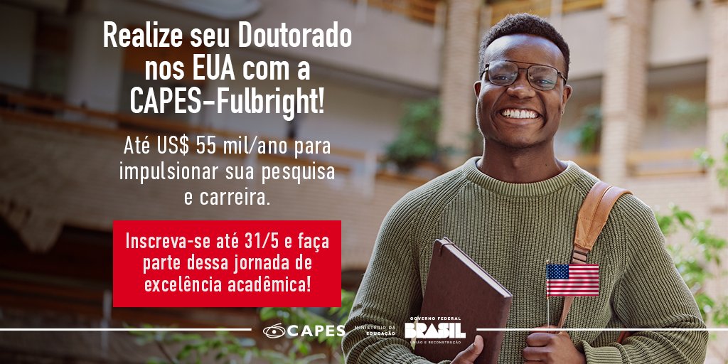 Edital oferece até dez bolsas para doutorado pleno nos Estados Unidos. Quatro vagas são destinadas às Ciências Sociais Aplicadas, Ciências Humanas e Linguística, Letras e Artes, e seis para Engenharias e Ciências Exatas e da Terra. capes.gov.br/8ejkw