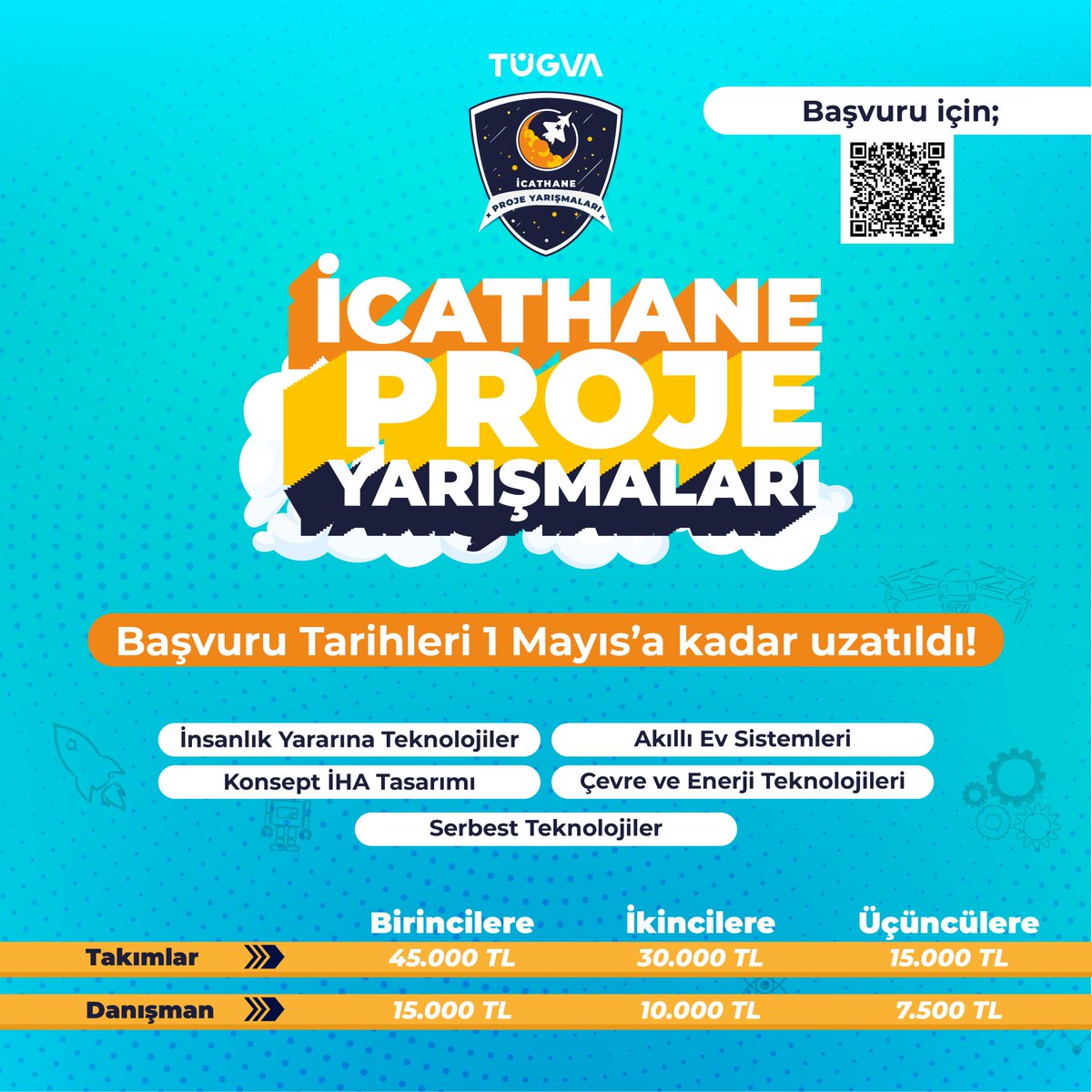 TÜGVA İcathane Proje Yarışmaları için başvuru tarihleri 1 Mayıs tarihine kadar uzatıldı.

TÜGVA İcathane gençleri buraya!🤓

5 farklı alanda başvuru yapabileceğin İcathane Proje Yarışmaları başlıyor!

🚀İnsanlık Yararına Teknolojiler
🚀Çevre ve Enerji Teknolojileri
🚀 Konsept İHA