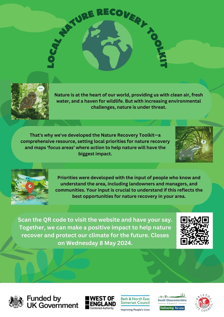 There's still time to share your thoughts in the West of England Mayoral Combined Authority public consultation for the Local Nature Recovery Toolkit 🌱📣

Bristol, Bath &amp; North East Somerset, South Gloucestershire: naturerecoverywest.co.uk

North Somerset: n-somerset.gov.uk/my-services/li…