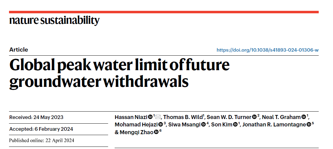 MHassanNiazi's tweet photo. Earth day special 🌏 Hot off press 🚨

📢 Read our latest research on groundwater using GCAM. Out in @naturesustainab today:

Global peak water limit of future groundwater withdrawals: https://t.co/ENmRCuUFen 

#EarthDay2024 #groundwater #globalchange #peakwater https://t.co/RvbAwCT9AX
