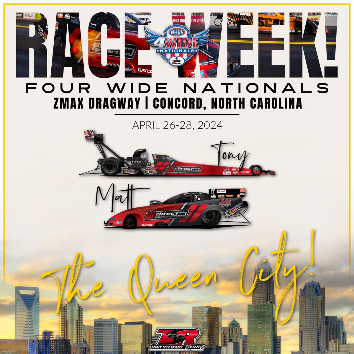It's #4WideNats race week! Who's joining us at @zMAXDragway? @MattHagan_FC and @TonyStewart will be back in their #Dodge Direct Connection machines. 

#TSRnitro | #NHRA