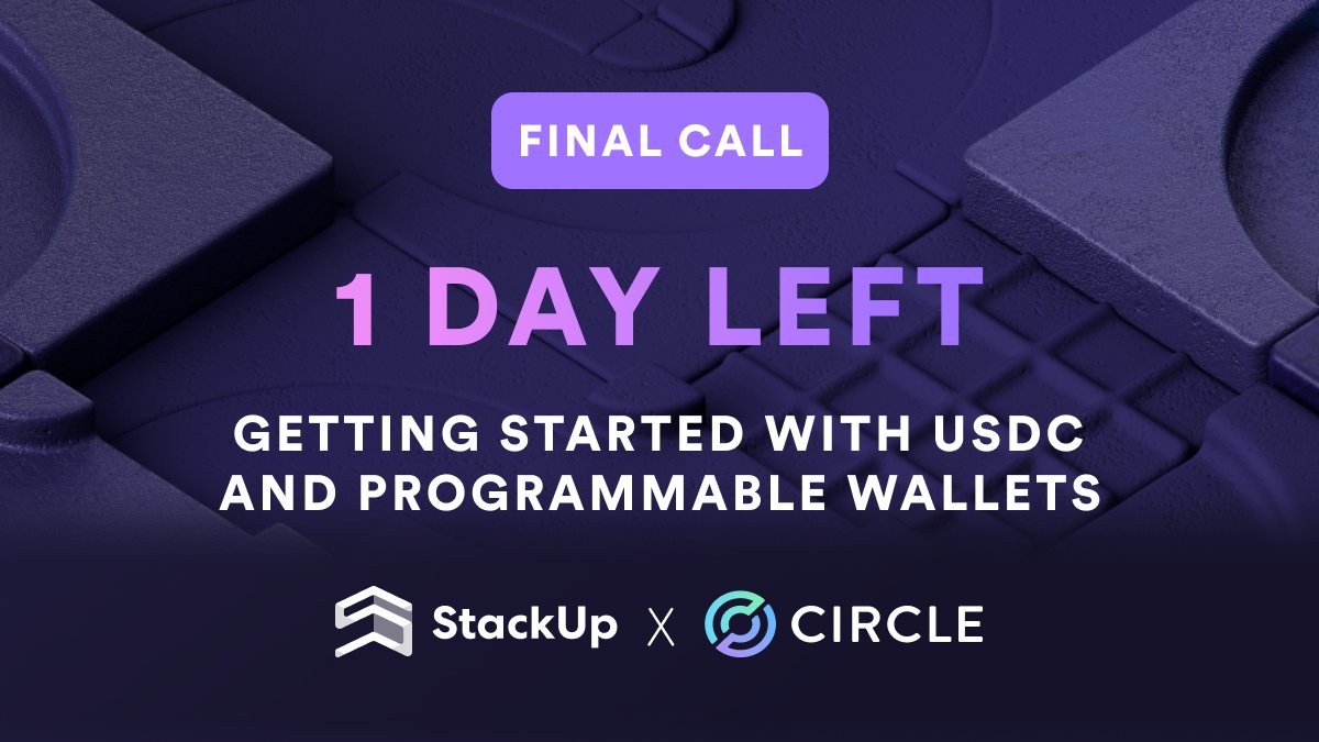 ⌛ Final call for submissions before our @BuildOnCircle #programmablewallets campaign closes tomorrow! Don't miss out on this chance to build a custom wallet integration for an Android/iOS device using the Programmable Wallets #SDK! 1 day left ➡️ go.stackup.dev/circlepw2-sutw