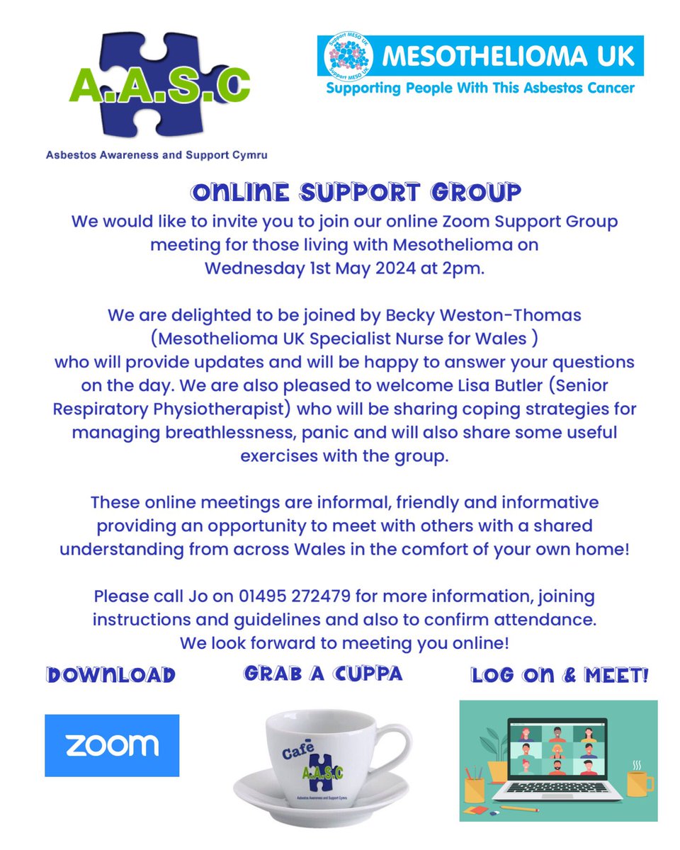 Looking forward to welcoming those affected by #Mesothelioma to our #online #Zoom #Support group meeting on 1st May, focussing on ‘Managing #Breathlessness’ with #Specialists Becky @Mesouk , Sarah @SarahMesoWales , Lisa Butler Senior #Respiratory #Physiotherapy - Please share!