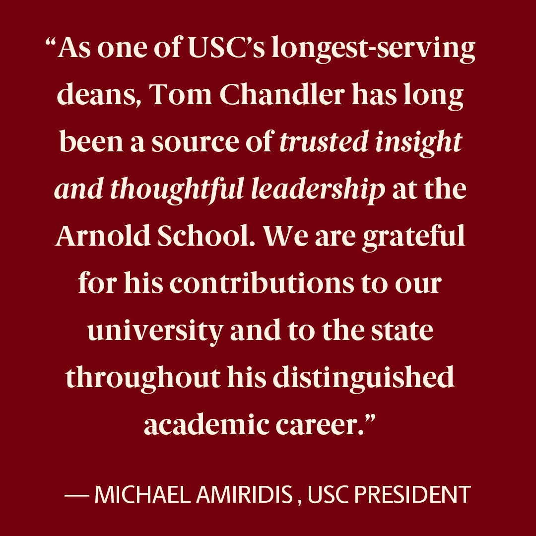 A nationwide search is underway for the next dean of the Arnold School, and Tom Chandler is prepared to hand over the reins after 17 years as its leader. His office is packed, and, here, he unpacks his reflections on his tenure as dean. ow.ly/W15Z50Rl6Ym #ArnoldSchoolProud
