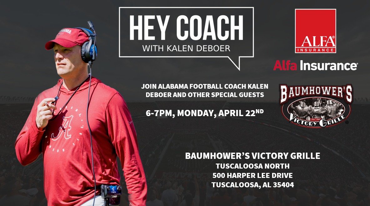BIG NEWS TTOWN!! The first Hey Coach show featuring the University of Alabama Head Football Coach Kalen DeBoer will take place TONIGHT at 6 PM! Let’s make coaches FIRST show a LEGENDARY one! @UA_CTSN @BobBaumhower