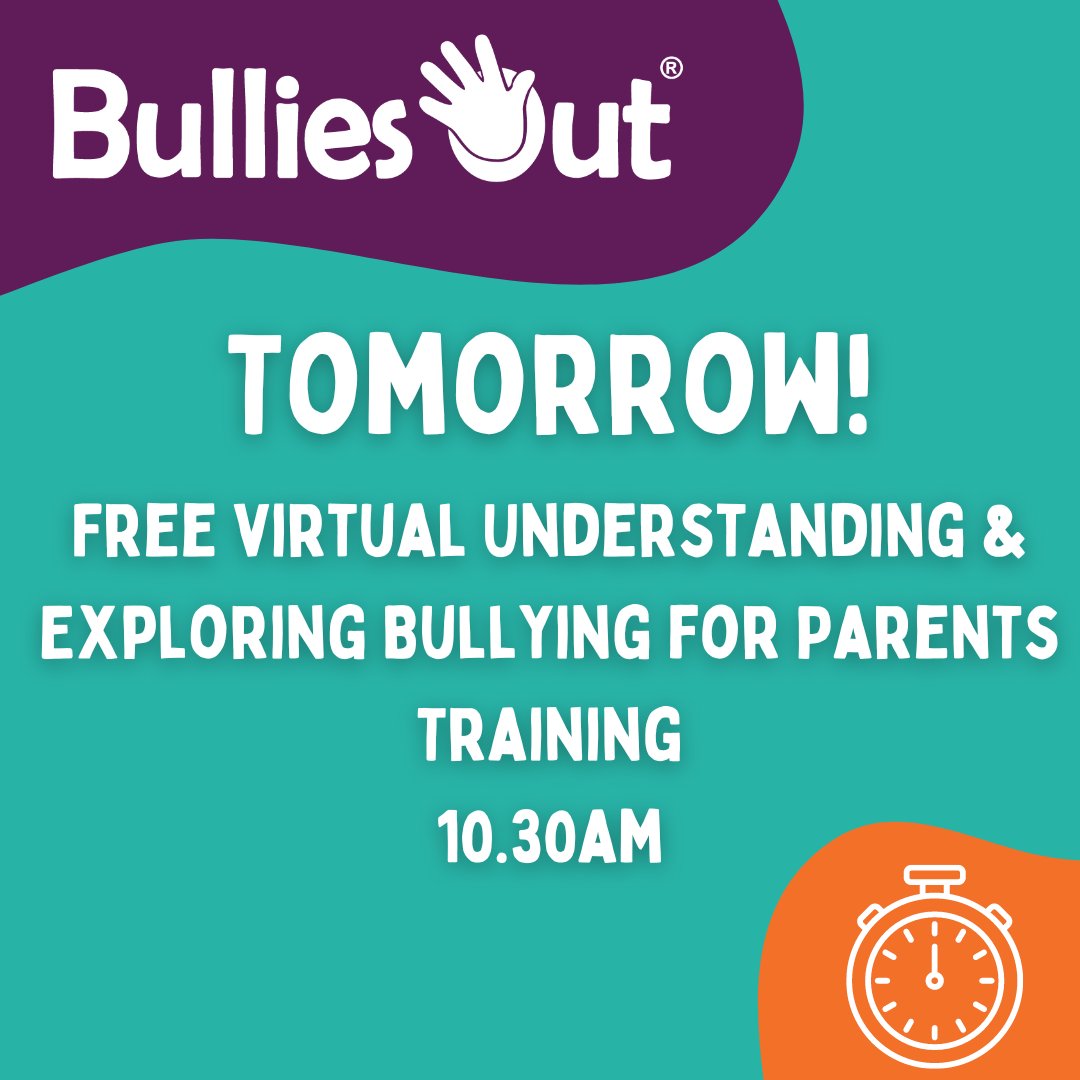 👨‍👨‍👧 Tomorrow, 10:30 am. Free virtual Understanding & Exploring Bullying for Parents Training!

🔗  bulliesout.com/what-we-do/tra… 

#antibullying #antibullyingtraining #understandbullying