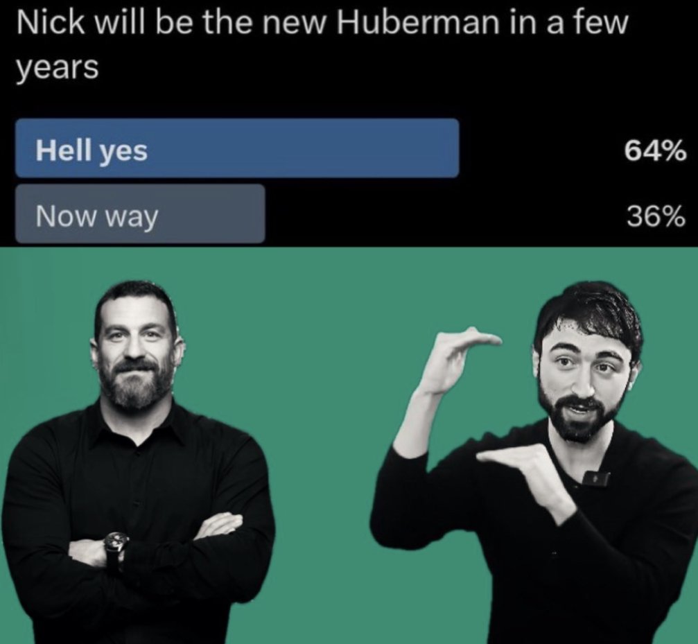 So the majority of people think @nicknorwitz will be the new @hubermanlab in a few years (maybe more) 😜 Joking aside, both are trying to make science more accessible which is hard 🙌 Nick would be a great guest on Hubermans podcast as well as @joerogan Thoughts? CC