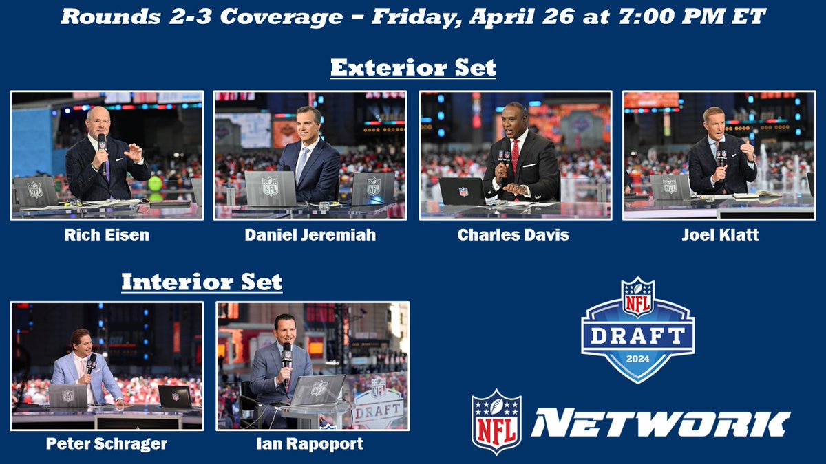 🚨Friday🚨 LIVE coverage of Rounds 2 & 3 of the 2024 @NFLDraft in Detroit at 7p ET on @nflnetwork & streaming on #NFLPlus @richeisen @MoveTheSticks Charles Davis @joelklatt @PSchrags @RapSheet