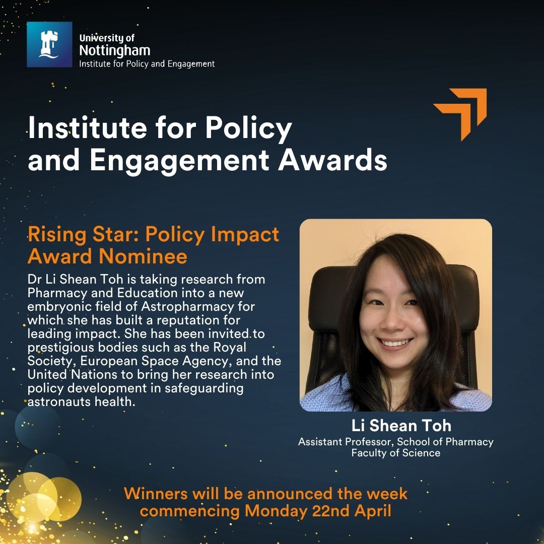 Assistant Professor at @UoN_Pharmacy, @LiSheanToh has been shortlisted for the Rising Star Award - Policy Impact #IPEAwards.

Li has been leading research on policy development and astronauts health, focusing on new embryonic research. Congratulations Lisa! Very well deserved.