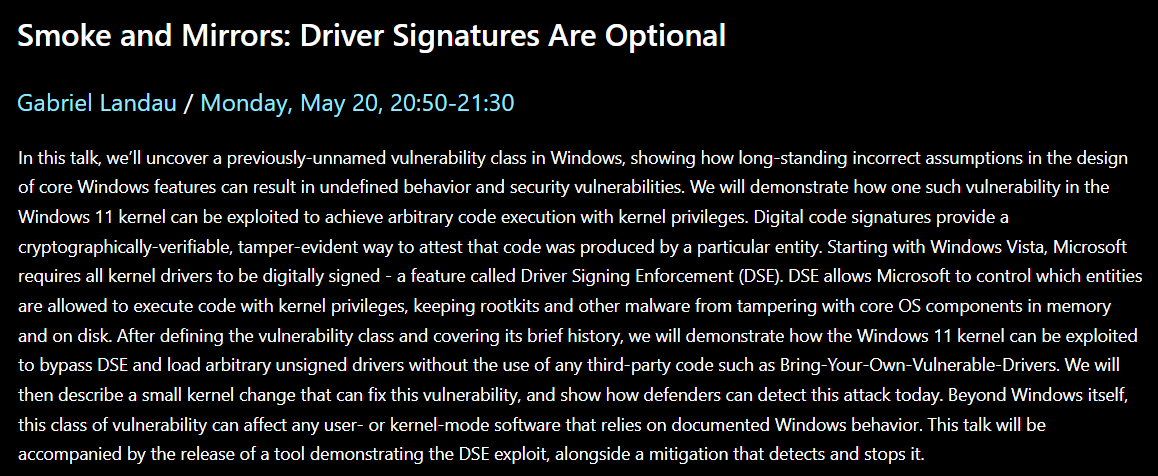 I'm thrilled to announce that I'll be presenting a previously-unnamed vulnerability class at <a href="/BlueHatIL/">BlueHat IL</a>.

Oh, and I'll be dropping 0day.  Be sure to stop by, learn something new, pwn the kernel, and have a coffee.  It should be a good time.
microsoftrnd.co.il/bluehatil/conf…