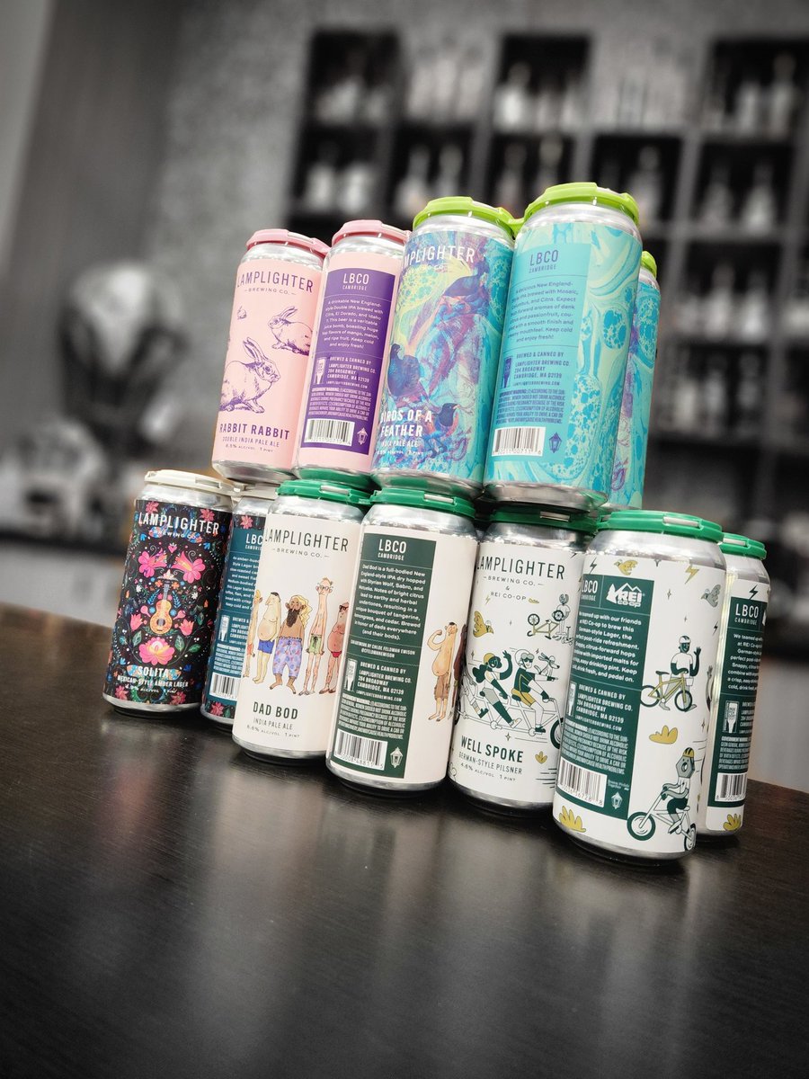 Fresh drop of @lamplighterbrew all canned within the past week or 2 now in #Stoneham Redstone Liquors App and website Dad Bod ipa Solita Mexican style amber lager Well Spoke ( @rei collaboration) German style Pilsner Rabbit Rabbit dipa Birds of a Feather ipa