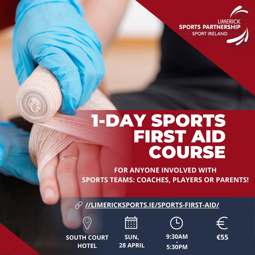 📣 2024 1-Day Sports First Aid Courses A 1-Day Sports First Aid course aimed at anyone involved with a sports team. 📆 Sunday 28th April ⏰ 9:30 AM - 5:30 PM 📍 Southcourt Hotel 💶€55 🔗 limericksports.ie/event/sports-f… @sportireland @SportingLK @Limerick_ie @UL #sportsfirstaid