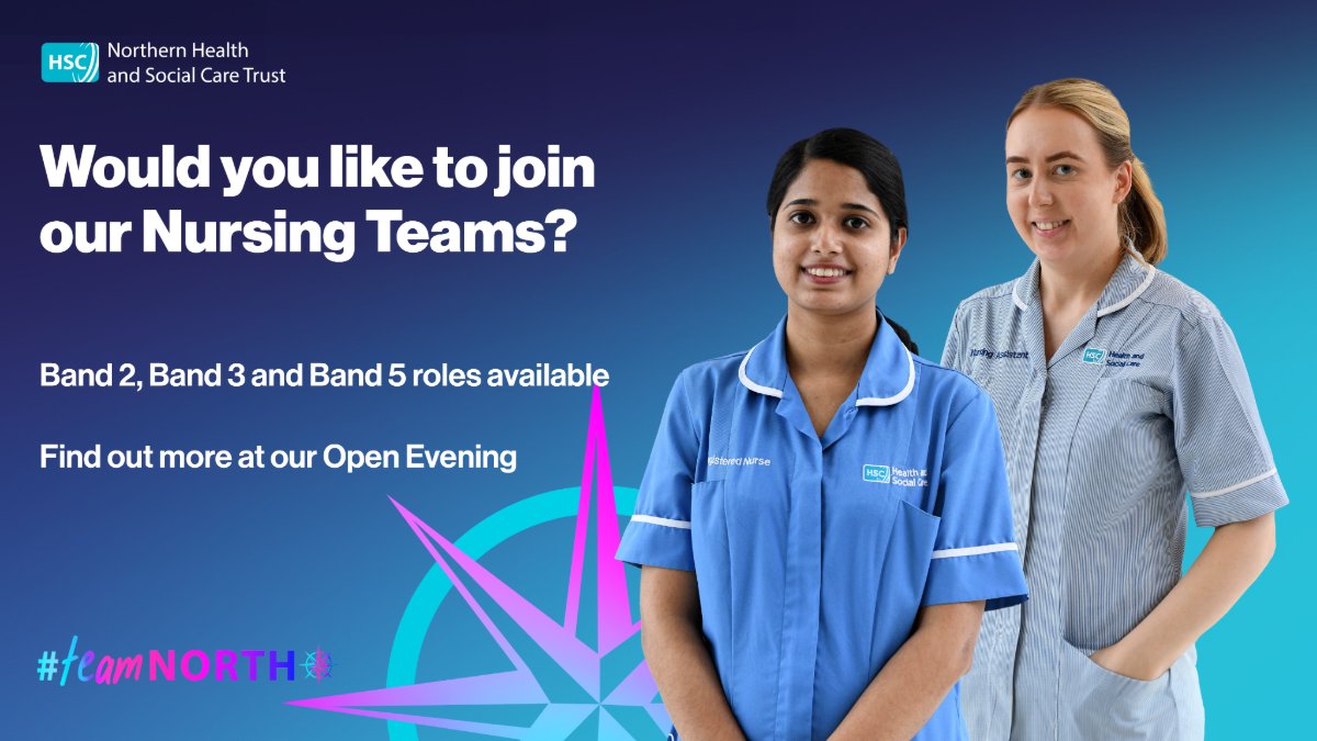 Are you interested in joining #TeamNORTH Nursing? Find out more at our opening evenings about exciting opportunities for Nursing Assistants, Senior Nursing Assistants & Registered Nurses 🧑‍⚕️ April 30, Causeway Hospital. May 7, Fern House, Antrim Area Hospital site. 4pm – 8pm.