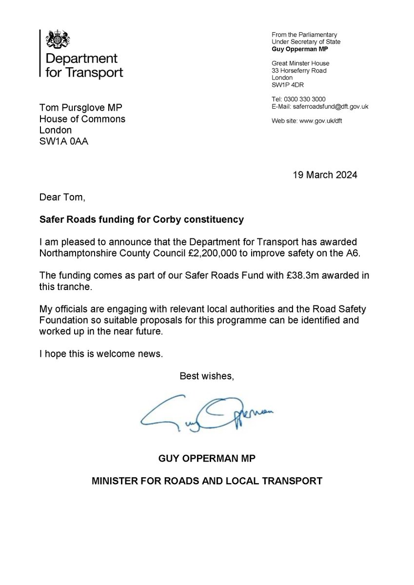 Really pleased to hear from @transportgovuk that @NNorthantsC is set to receive £2.2 million of Safer Roads Funding to make life-saving improvements on the A6, ensuring better safety for road users, as well as greener, more efficient journeys. See, here: tinyurl.com/5ckxmjwu