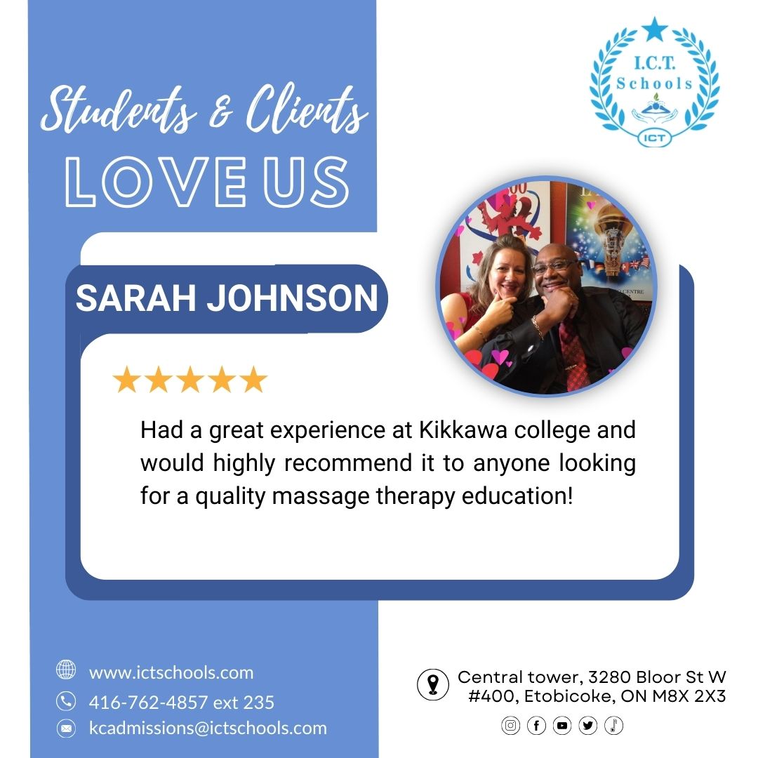 👩‍🎓💆‍♂️ Students & Clients can't get enough of us! Thank you, Sarah Johnson, for sharing your love for Kikkawa College's top-notch massage therapy education. #KikkawaCollege #MassageTherapy #QualityEducation #TransformativeJourney #ICTSchools #Etobicoke