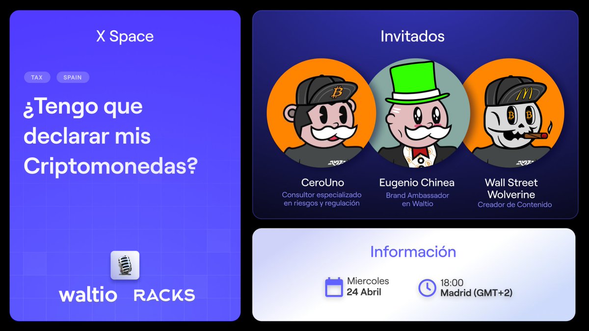 Waltio (@waltio_global) on Twitter photo 🚨ANUNCIO IMPORTANTE🚨 
Este miercoles 24 a las 18:00 (Hora España) en la cuenta de <a href="/mrcryptoclub/">Mr. Crypto Private Club</a> 
Participaremos en un space junto a <a href="/CeroUnoCrypto/">Cero Uno</a> y <a href="/wallstwolverine/">Wall Street Wolverine</a> 
Para hablar sobre fiscalidad de criptomonedas en España  
🔥NO SE LO PIERDAN🔥 🚨ANUNCIO IMPORTANTE🚨 
Este miercoles 24 a las 18:00 (Hora España) en la cuenta de <a href="/mrcryptoclub/">Mr. Crypto Private Club</a> 
Participaremos en un space junto a <a href="/CeroUnoCrypto/">Cero Uno</a> y <a href="/wallstwolverine/">Wall Street Wolverine</a> 
Para hablar sobre fiscalidad de criptomonedas en España  
🔥NO SE LO PIERDAN🔥