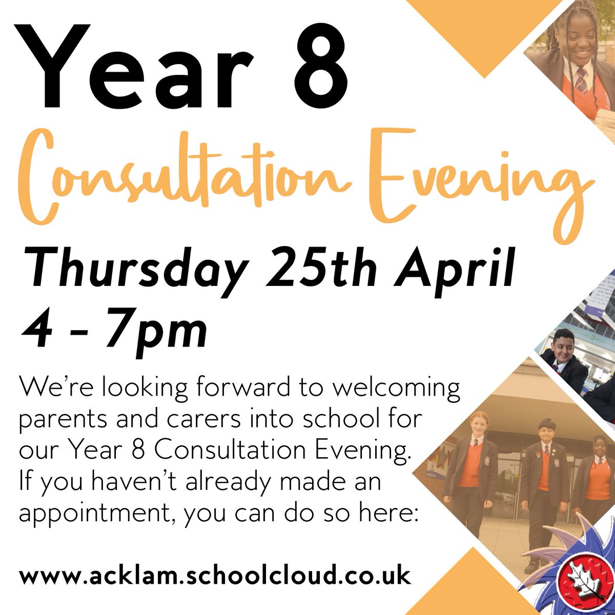 ✨ Year 8 Consultation Evening 📅 Thursday 25th April ⏰ 4-7pm If you haven't yet booked your appointment for Year 8 Consultation Evening, you can do so by clicking the link below. ➡️ acklam.schoolcloud.co.uk