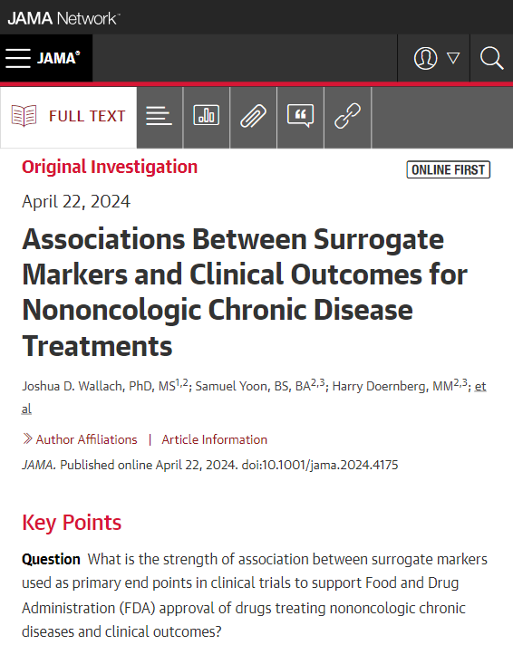 Most surrogate markers used as primary end points in clinical trials to support @US_FDA approval of drugs treating nononcologic chronic diseases lacked high-strength evidence of associations with clinical outcomes from published meta-analyses. ja.ma/4aIRFsR