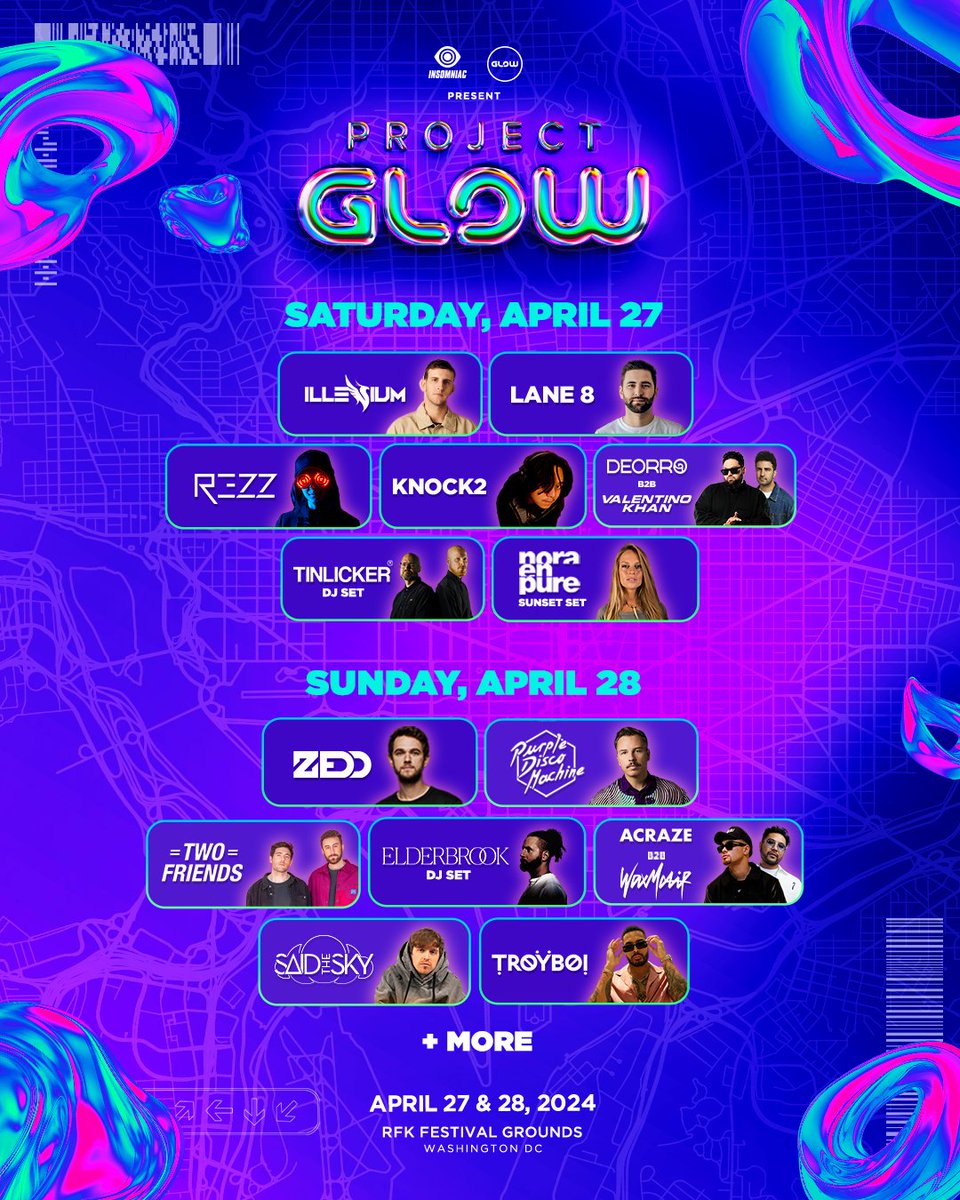 𝗧𝗵𝗶𝘀 𝘄𝗲𝗲𝗸𝗲𝗻𝗱. 🌸🔥 Your favorite artists from across the globe are hitting DC on April 27 + 28. 🏙🔊

Passes are going fast! Lock in your 2-Day &amp; Single Day tickets today at insom.co/projectglowdc. 🎆
