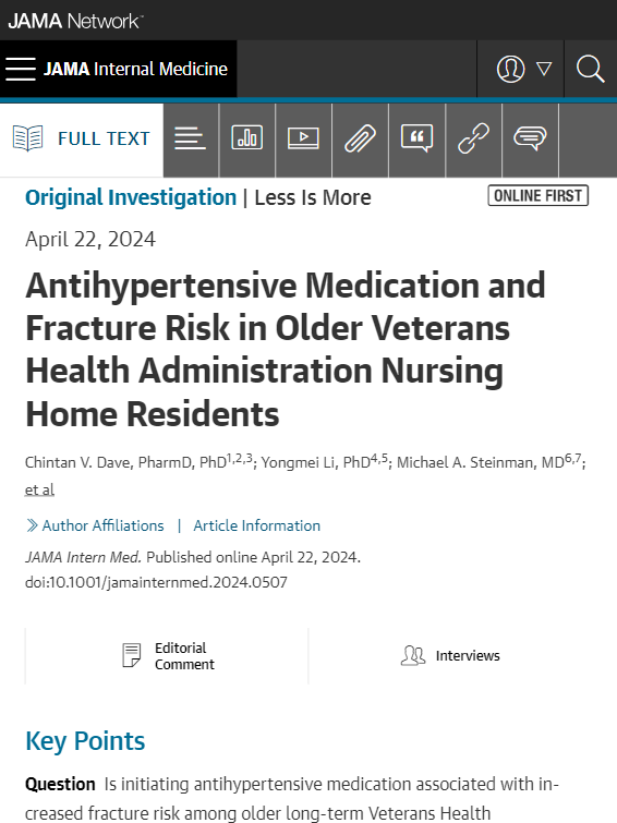 Initiation of antihypertensive medication was associated with with elevated risks of fractures and falls among older long-term nursing home residents. ja.ma/4d7wNNg