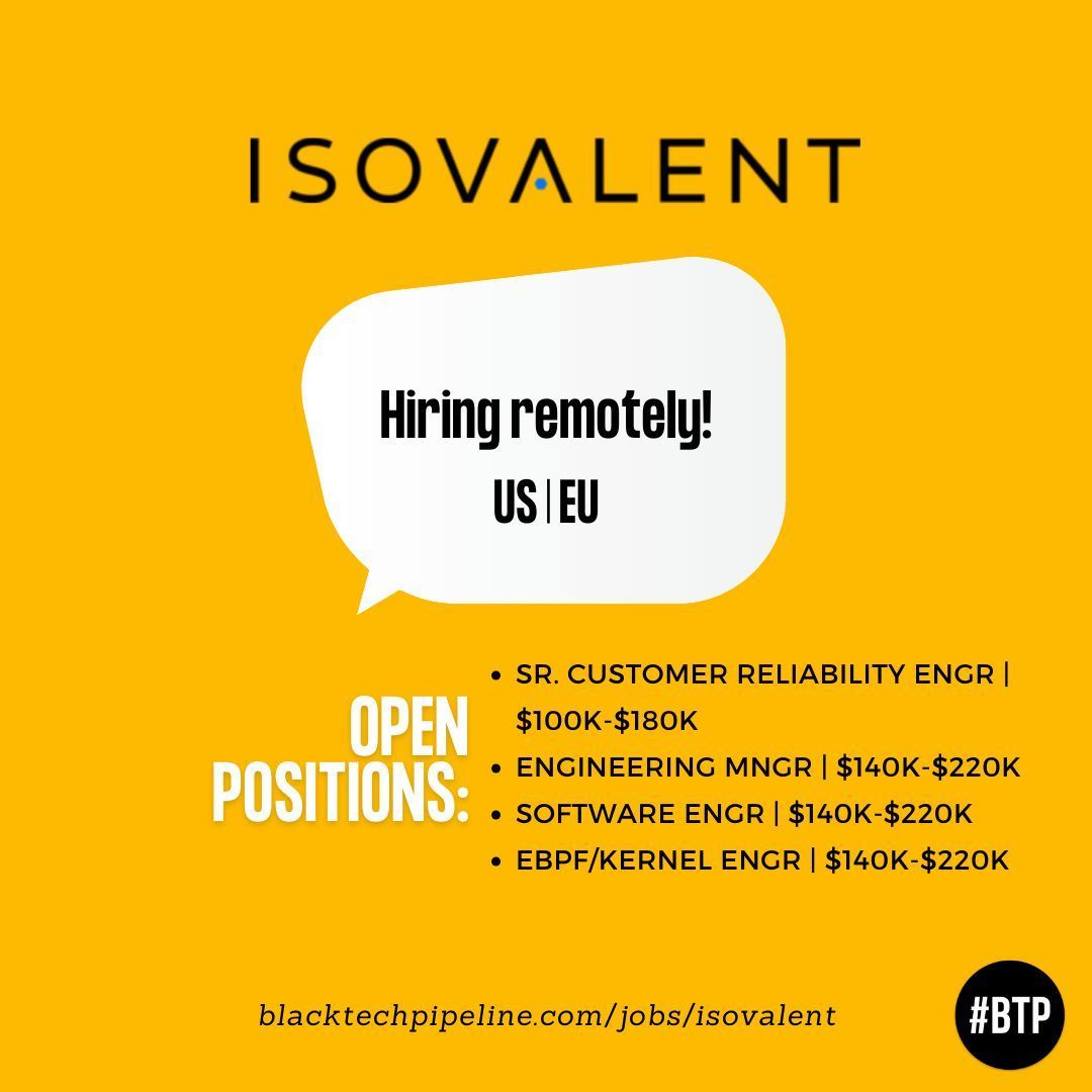 Isovalent is hiring remotely in the US & EU💰

Join the Founders of Cilium and eBPF in building open source software and enterprise solutions for networking, security and observability!

Learn more & apply below🔗
#BlackTechTwitter #TechIsHiring #remote
buff.ly/3Lvk7CX