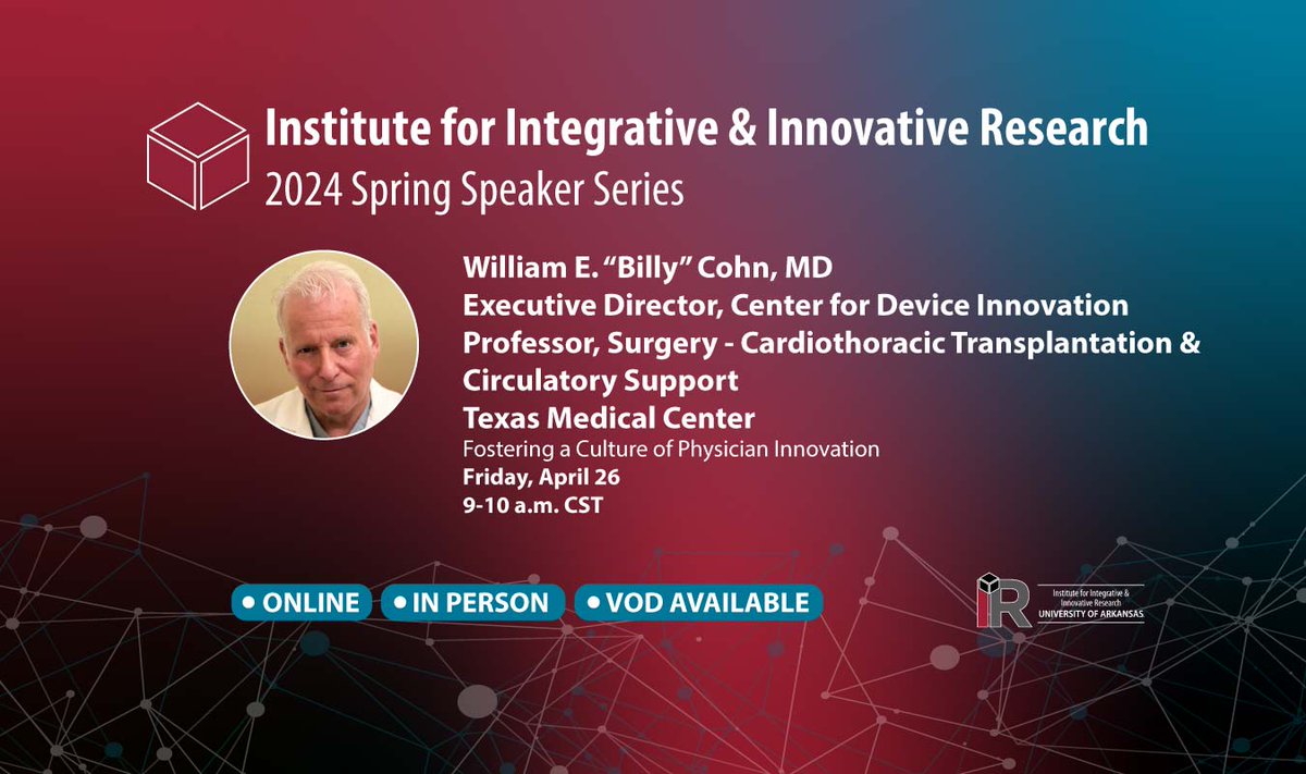 We are thrilled to host William E. 'Billy' Cohn, MD, a pioneer in developing the continuous-flow, totally implantable artificial heart! Join us on Friday for his talk, 'Fostering a Culture of Physician Innovation.' Visit the link for more details: bit.ly/3UiTKWm